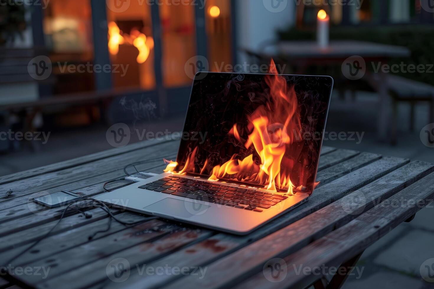Laptop computer is catching fire on wooden table, working outdoors concept photo