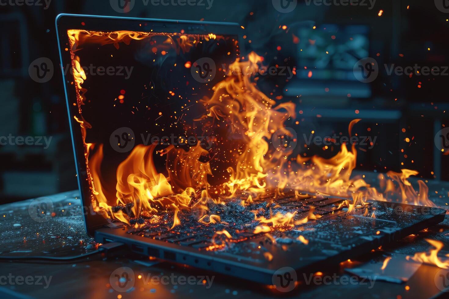 Burning laptop computer with flames showing technology failure photo