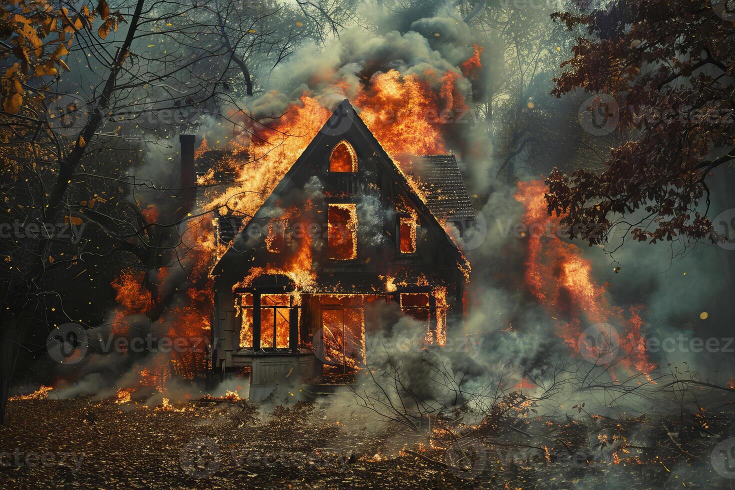 Abandoned house burning in wildfire consuming everything in its path photo