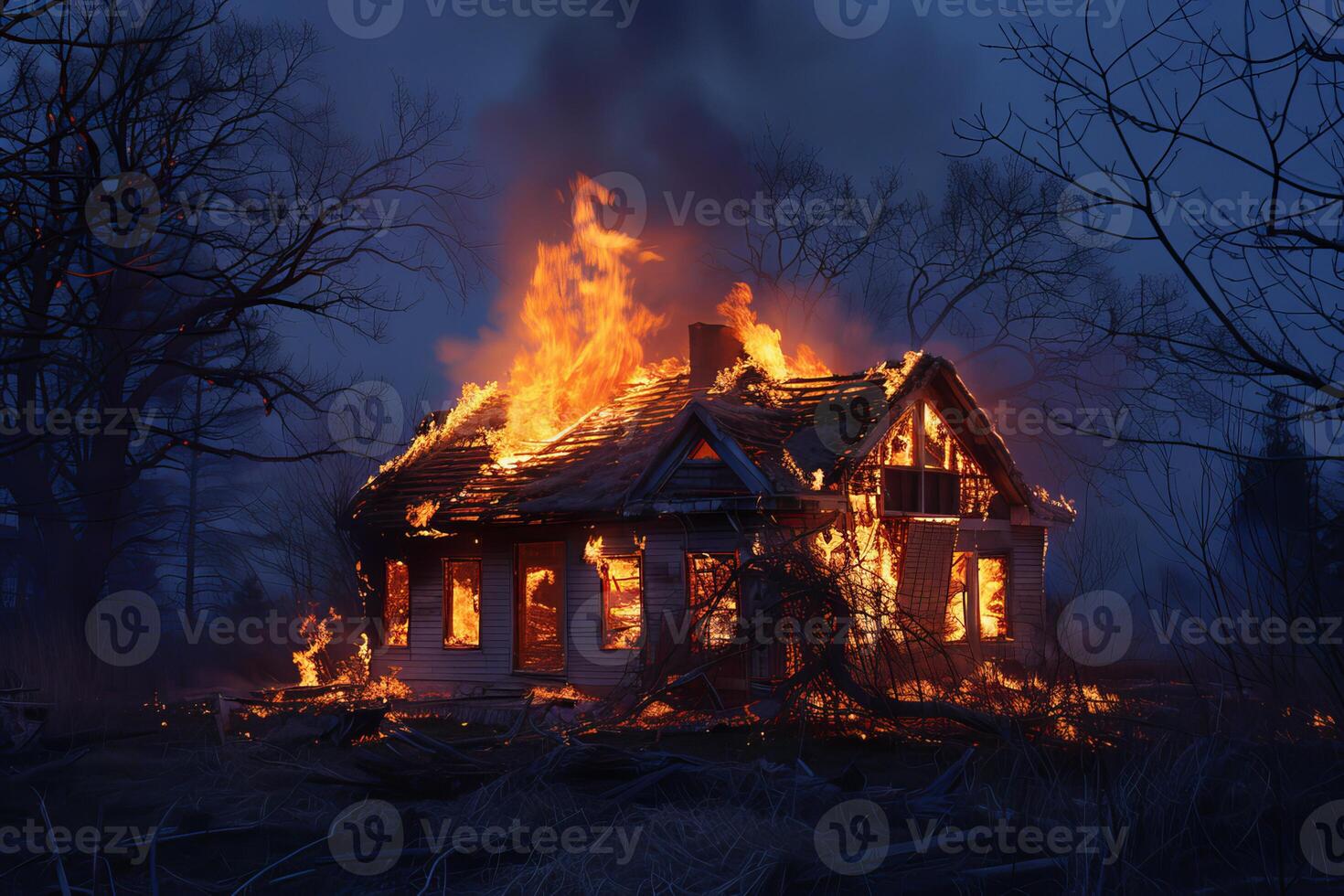 Abandoned house burning in fire at night photo