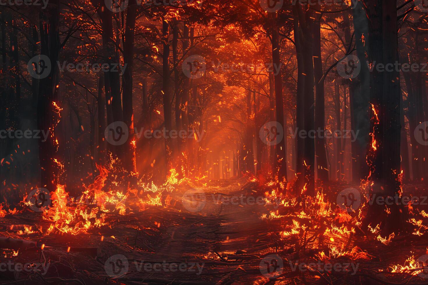 Wildfire burning out of control raging through forest at night photo