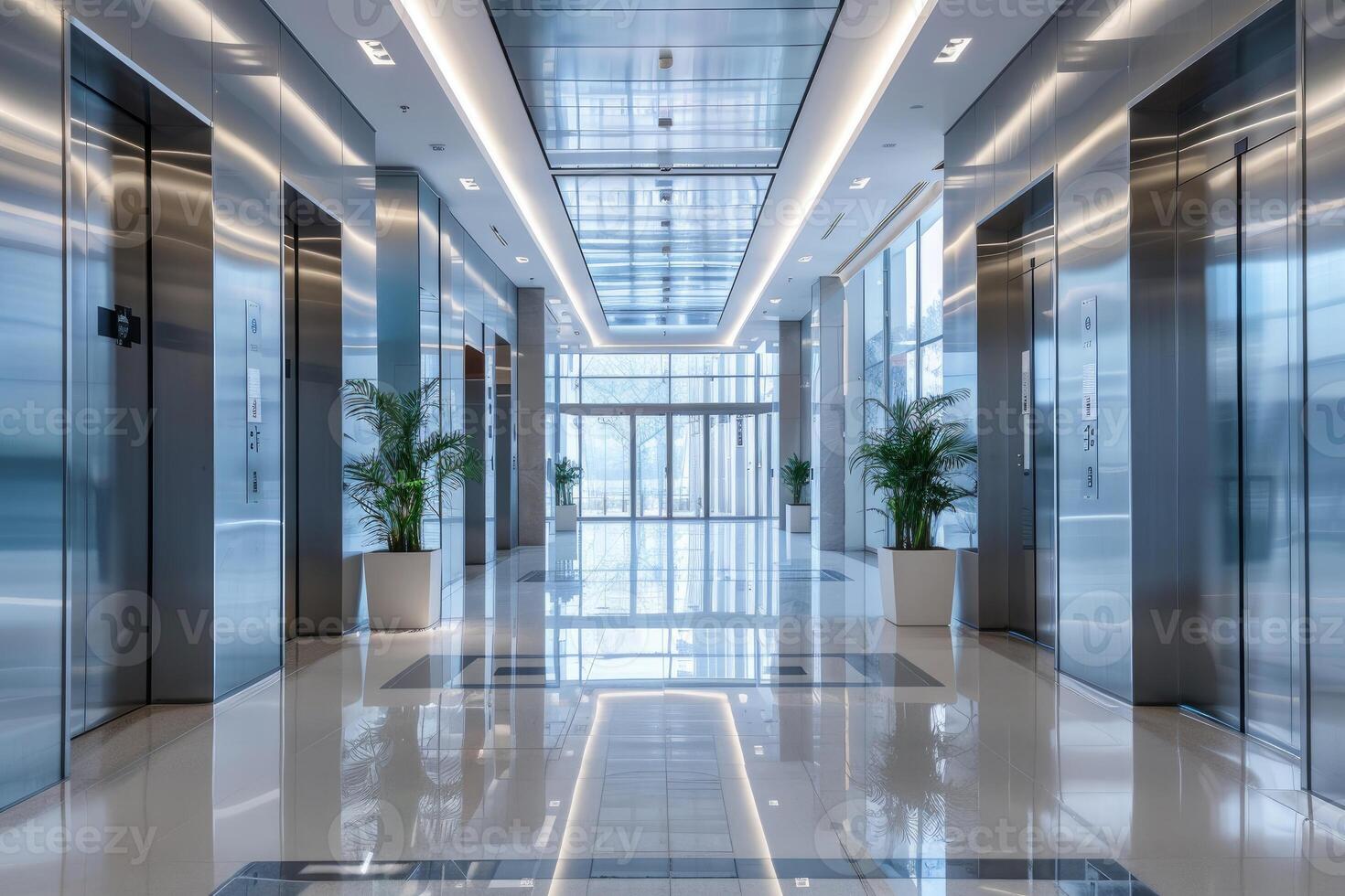 Modern office building lobby interior with elevators photo