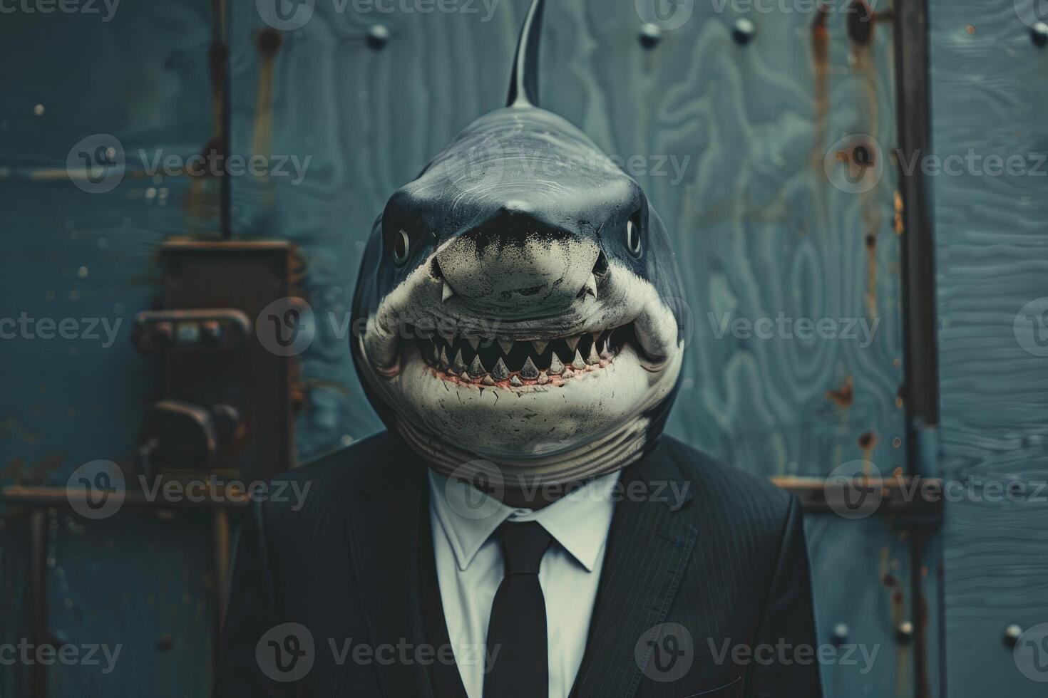Businessman wearing shark mask posing in front of a wall photo