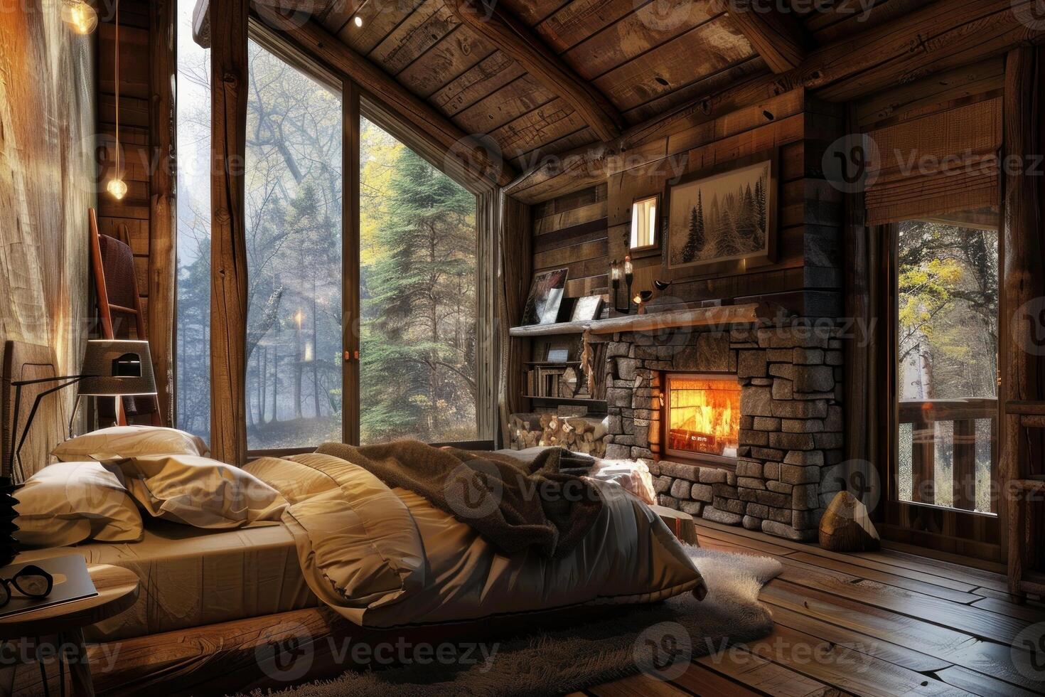 Cozy bedroom interior with fireplace burning in rustic log cabin photo