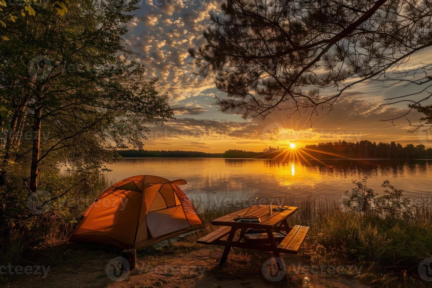 Orange tent and picnic table illuminated by setting sun at lakeside campsite photo
