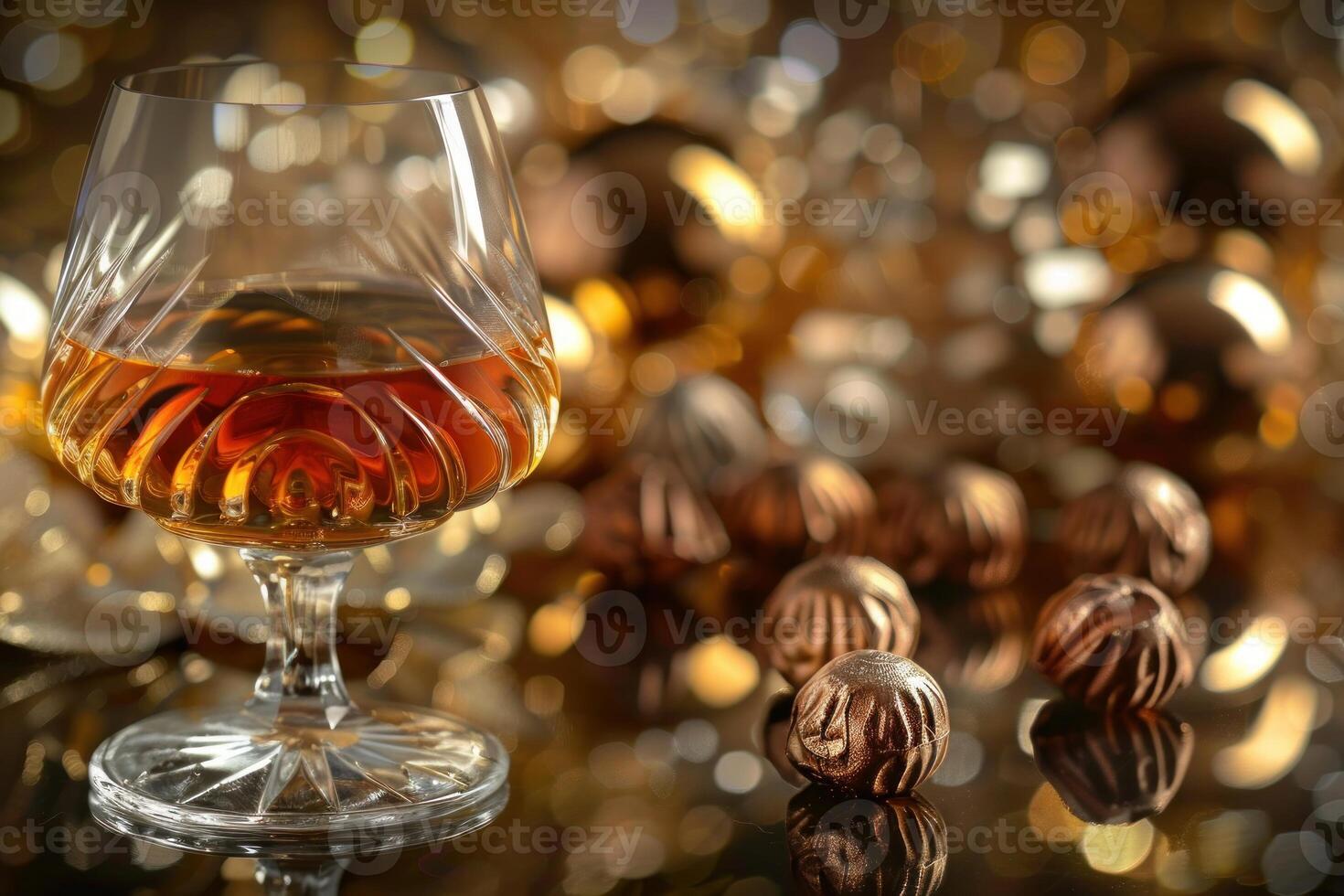 Glass of cognac with chocolate pralines on golden glittering background photo