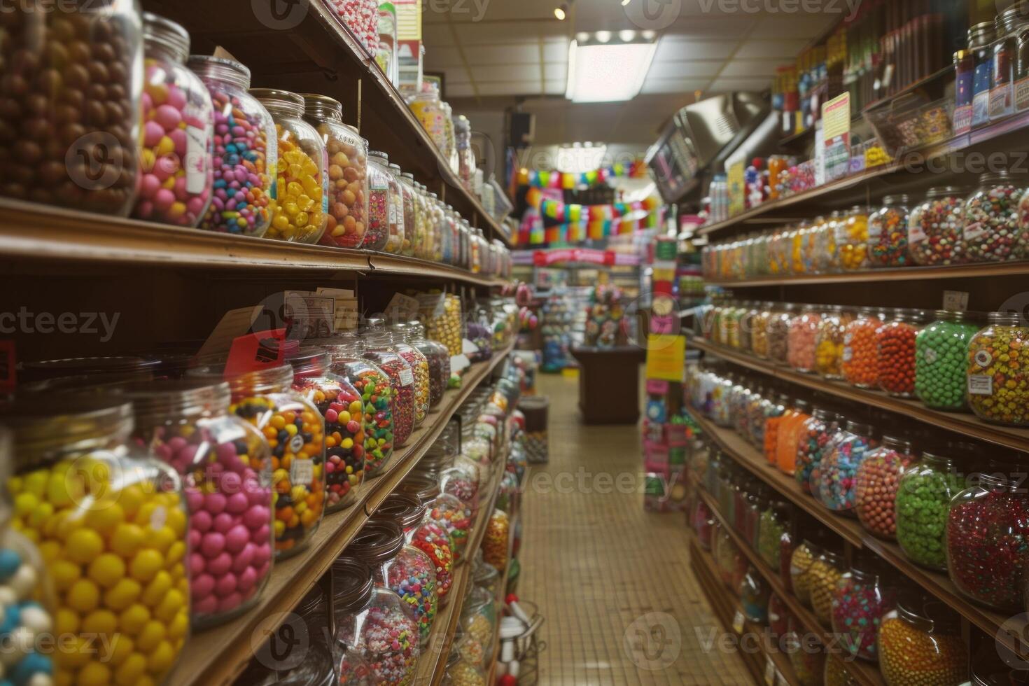 Rows of glass jars filled with colorful candy lining shelves of old fashioned candy store photo