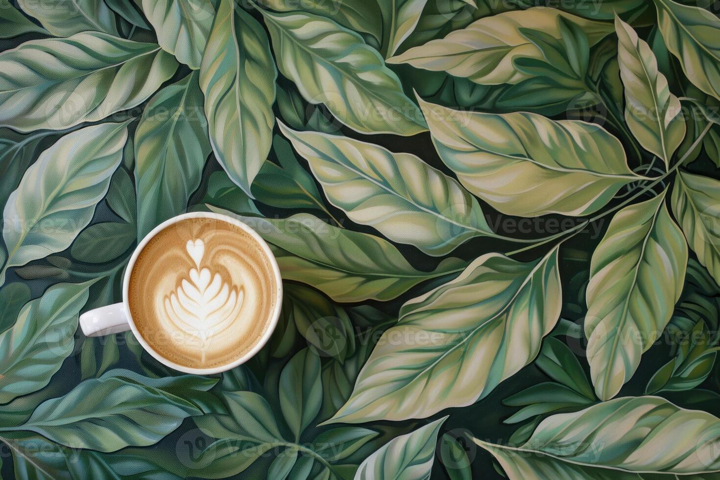 Cup of cappuccino resting on table decorated with leaf pattern photo