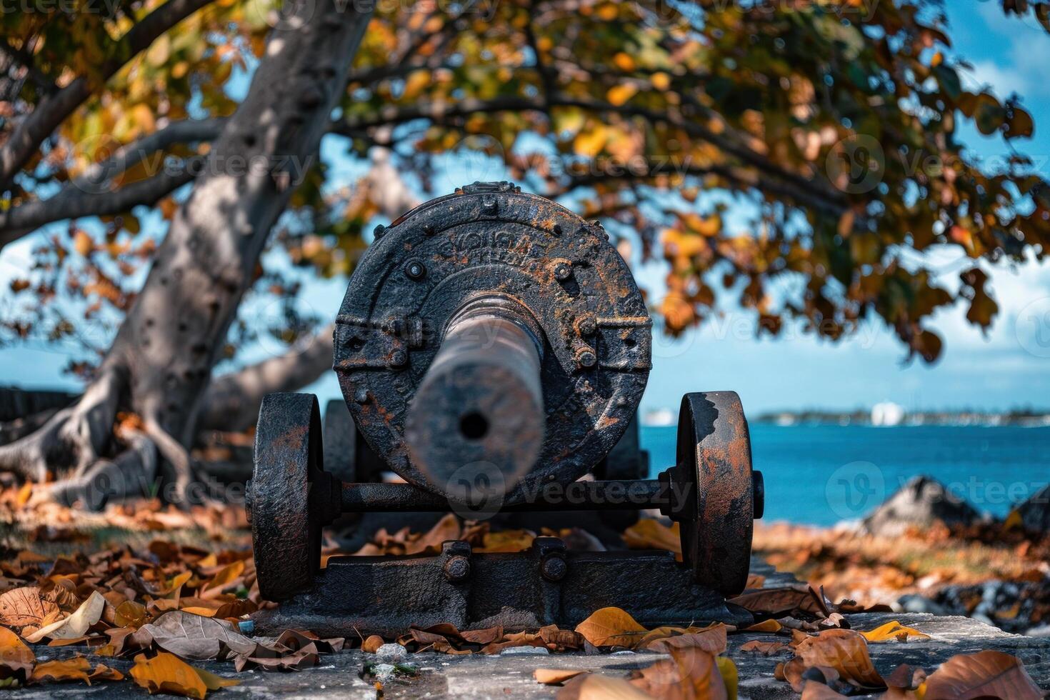 Old rusty cannon facing the sea on a sunny autumn day photo