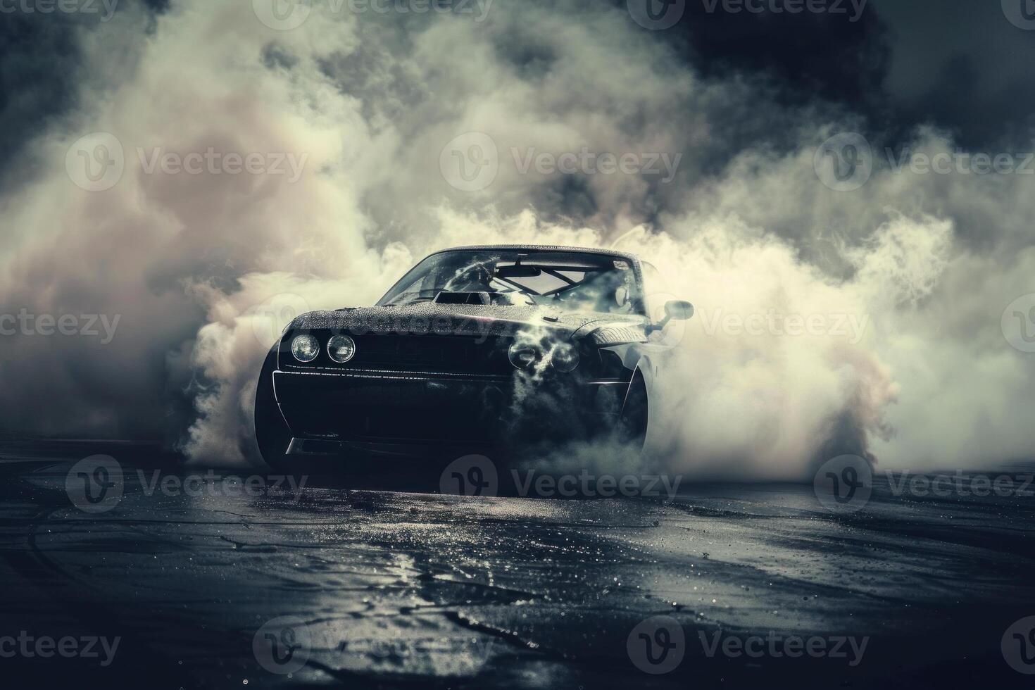 Black sports car burning rubber and generating smoke photo