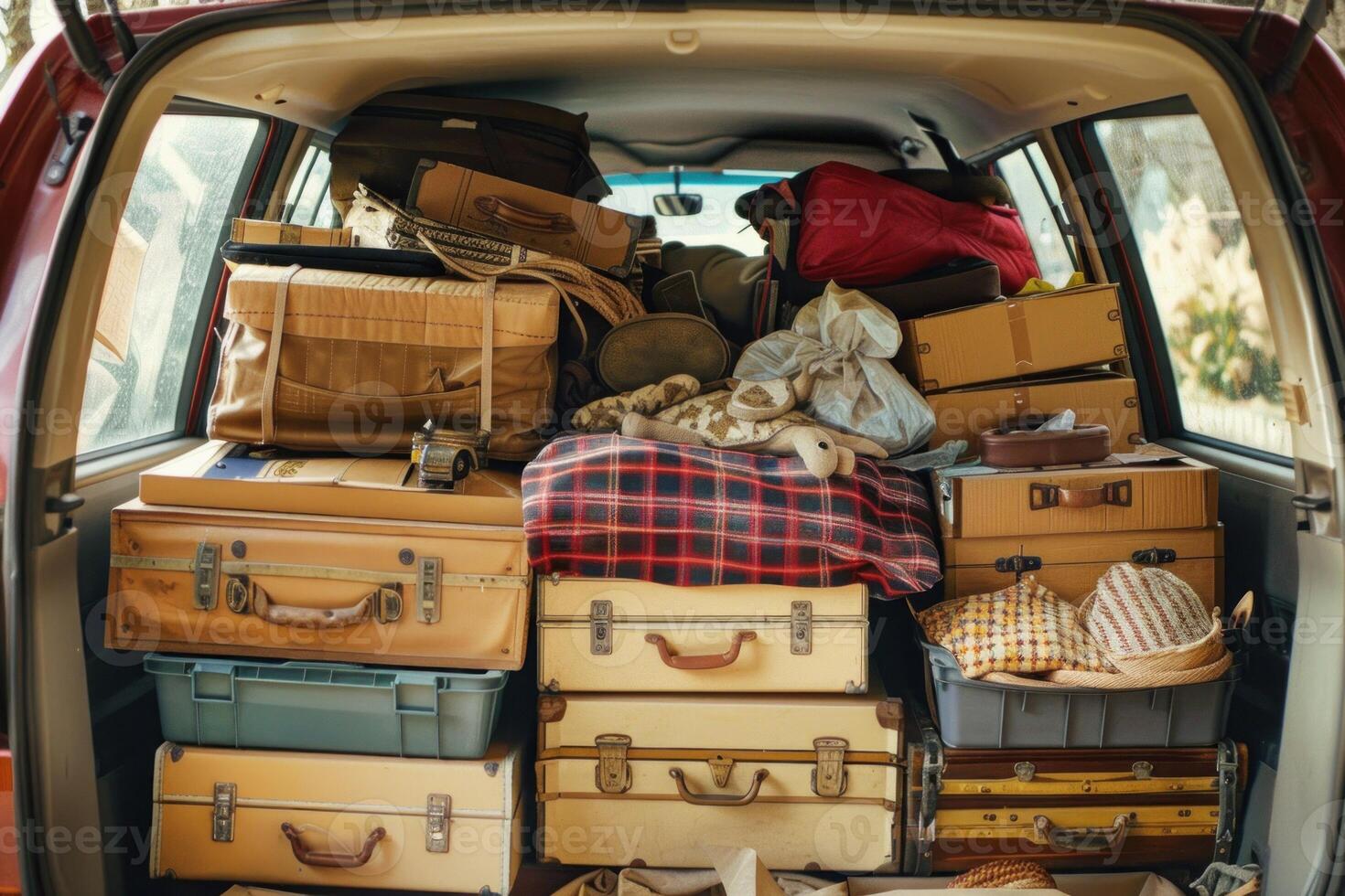 Family packing luggage into car trunk for road trip photo