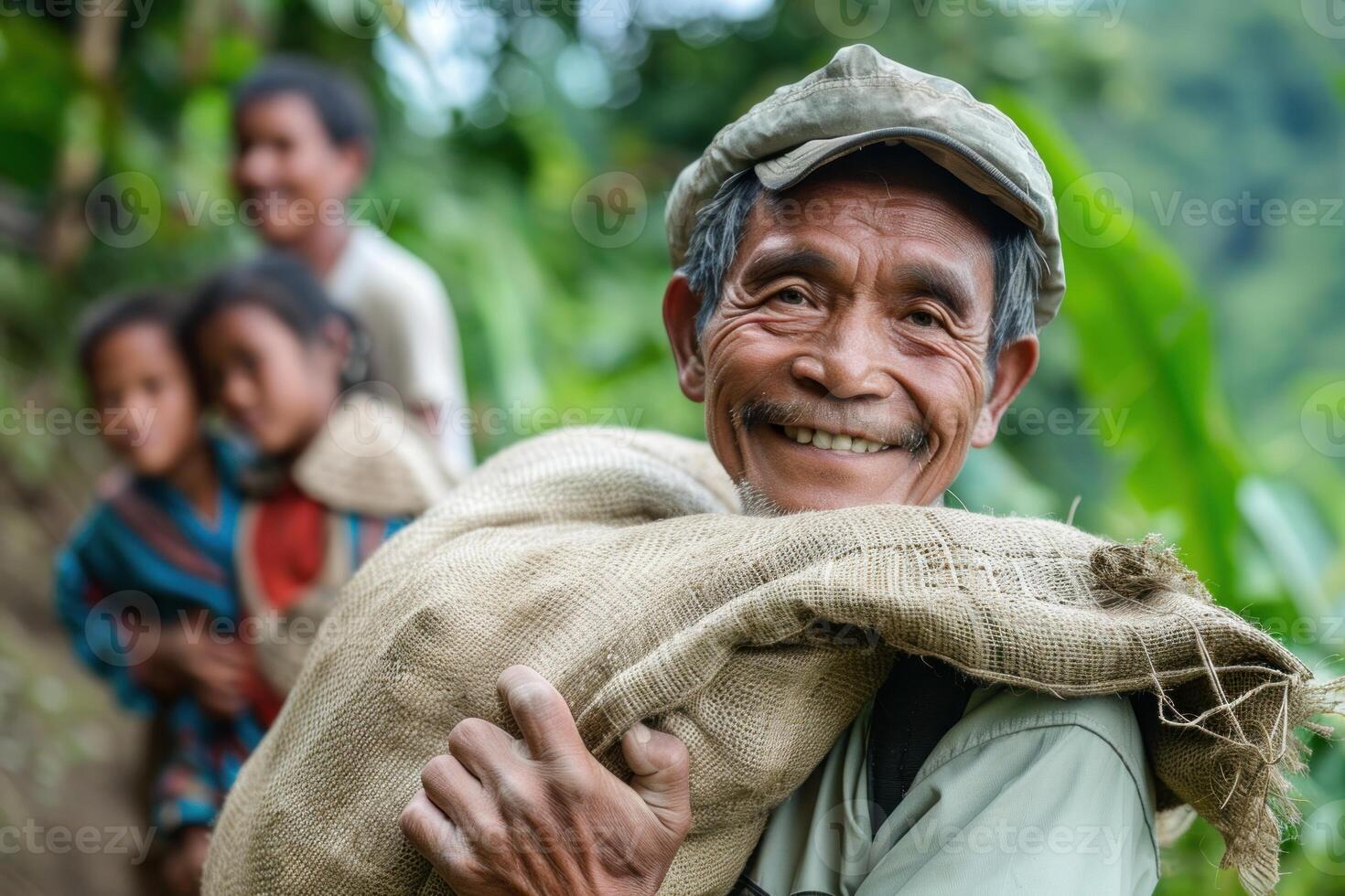 Happy farmer carrying sack with family helping in background photo