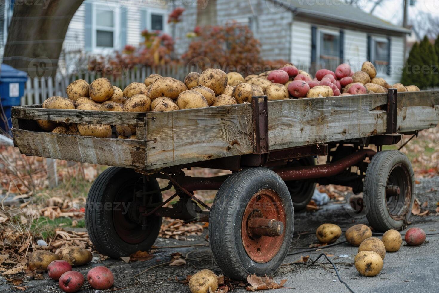 Old wooden wagon filled with potatoes and parked on a dirt road photo