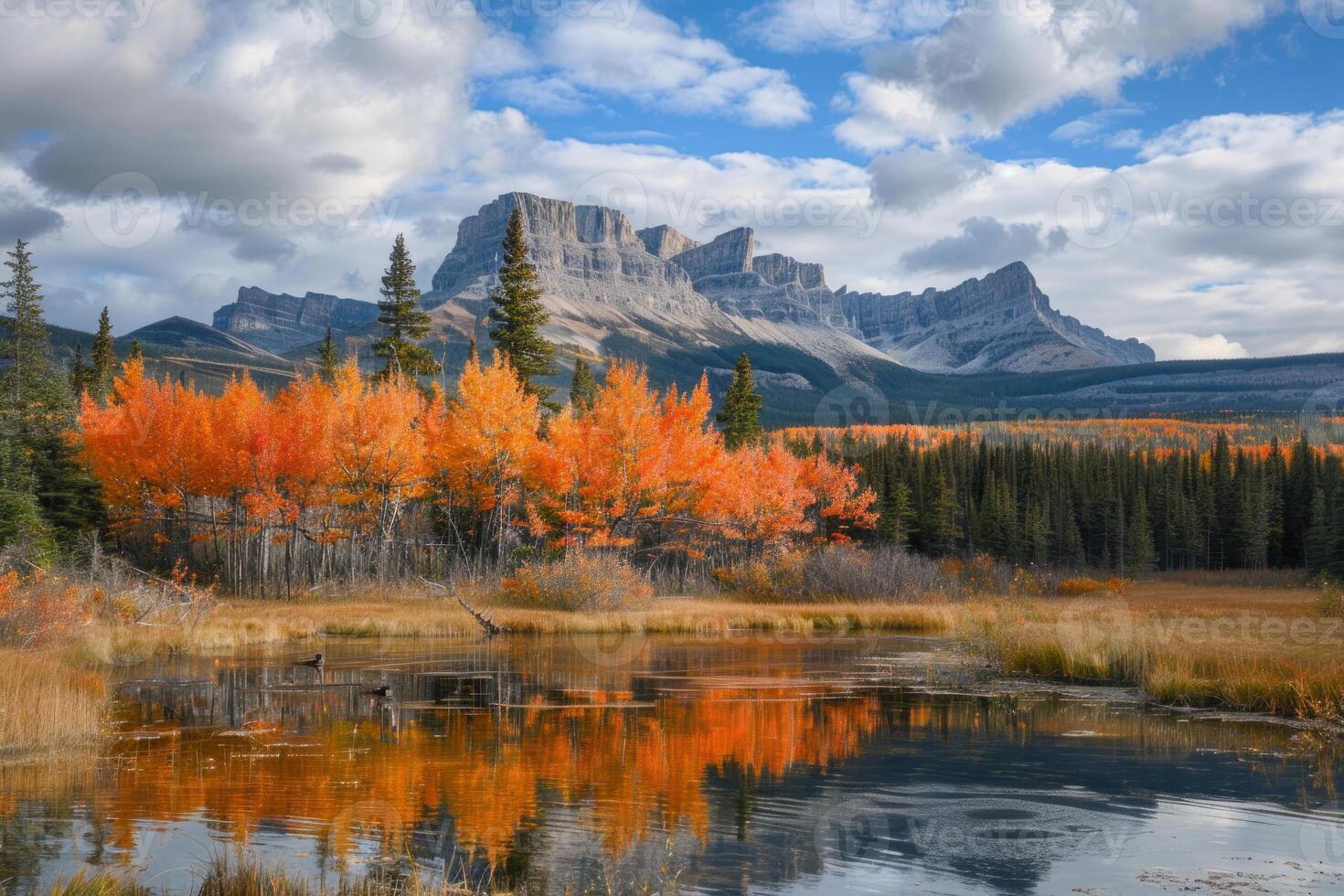 Orange aspen trees reflecting in calm lake with mountain peak in background photo