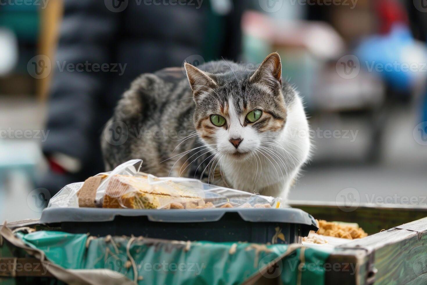 Stray cat looking for food in a garbage container photo