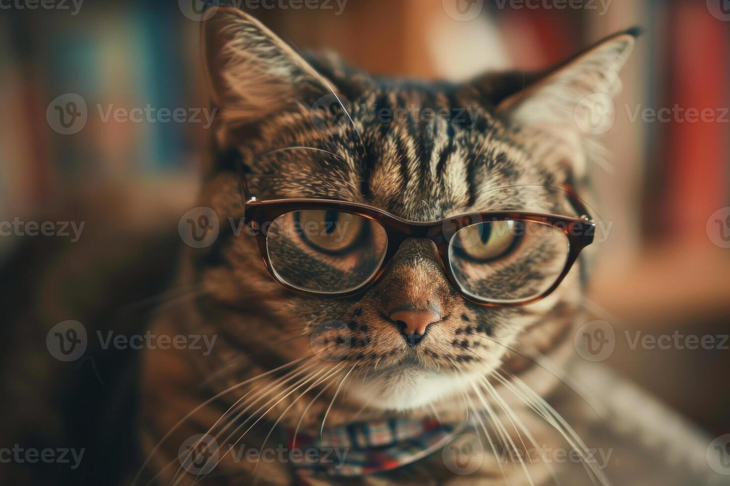Serious cat wearing glasses and bow tie posing in a library photo