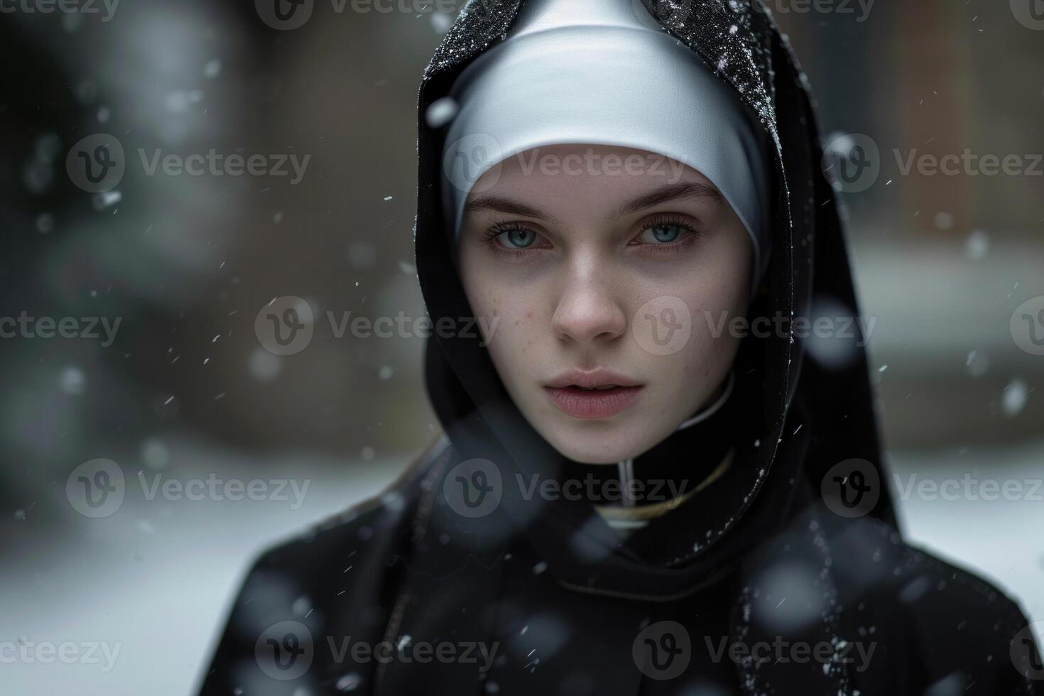 Young nun standing in snowfall with calm expression photo