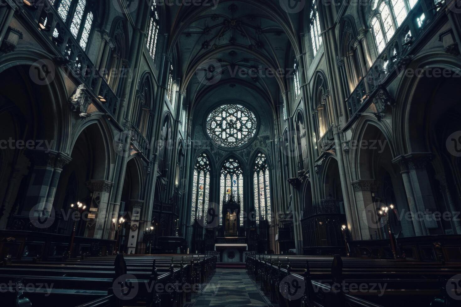 Empty gothic cathedral interior with stained glass windows photo
