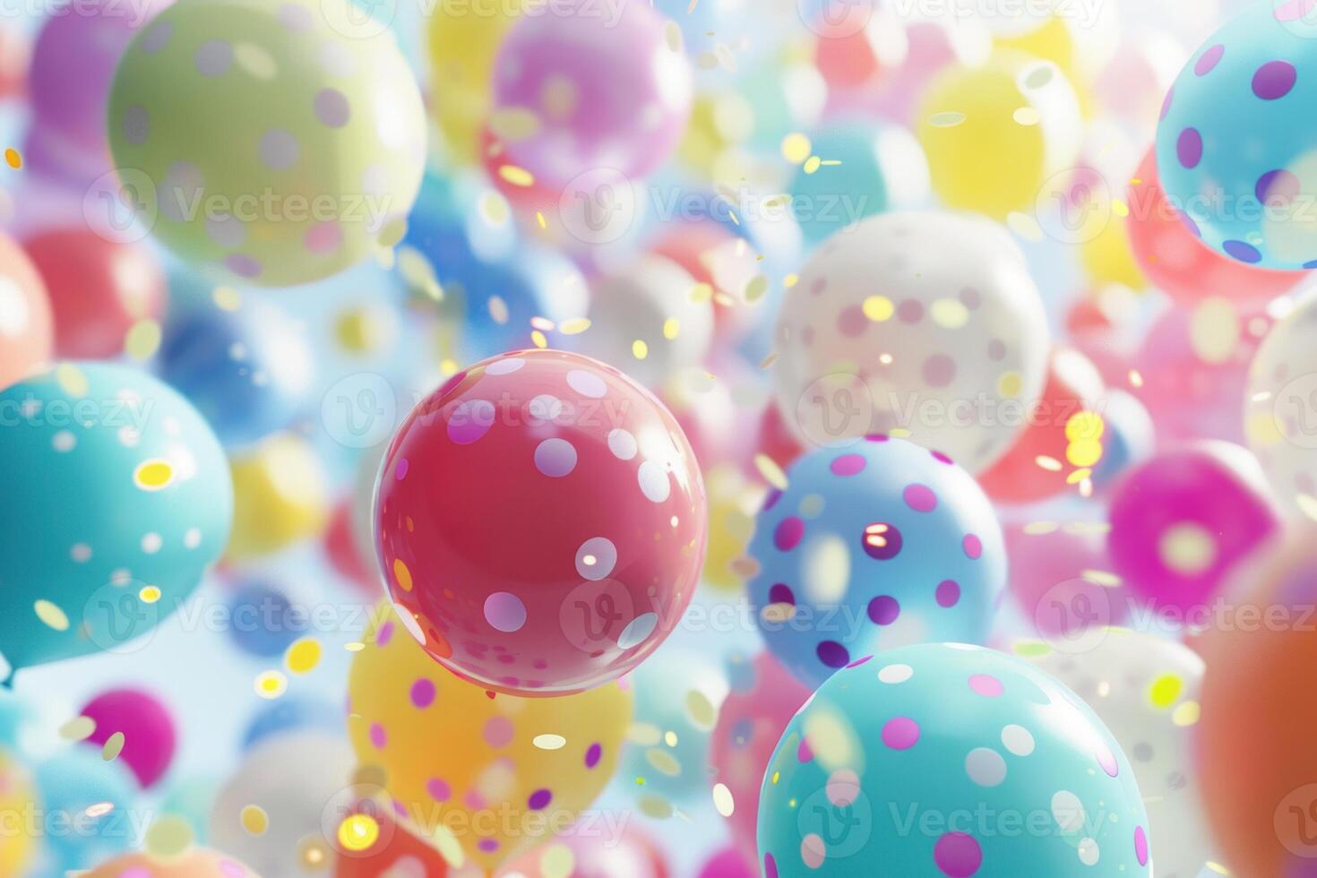 Colorful balloons floating with confetti on blue sky background photo