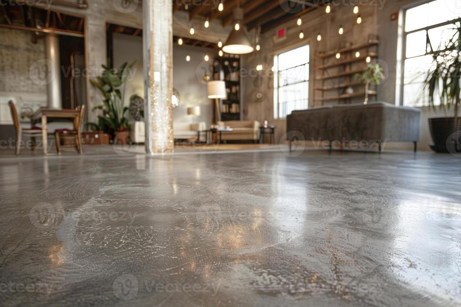 Polished concrete floor reflecting light in an industrial style office photo