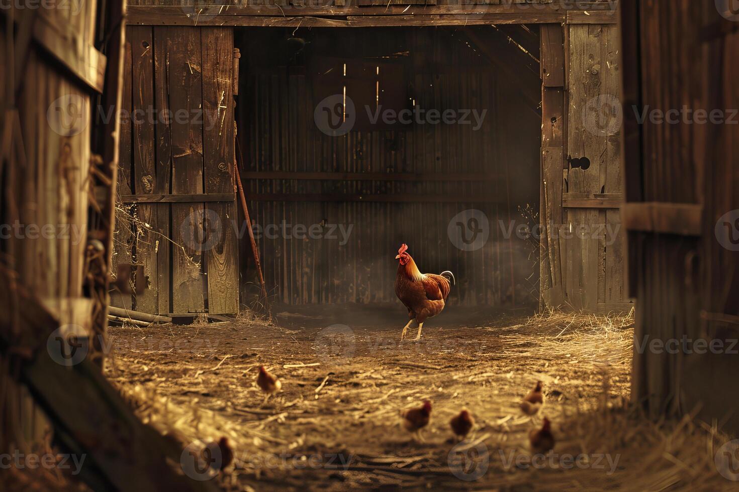 Rooster strutting in coop with chicks on farm photo