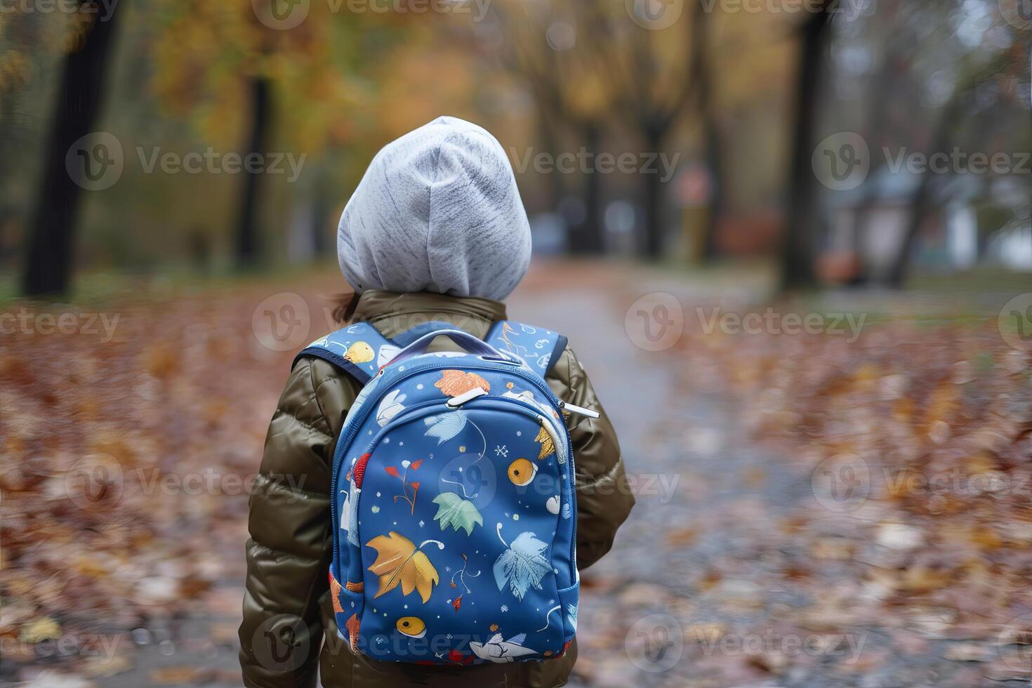 Young child with backpack walking away in autumn park photo