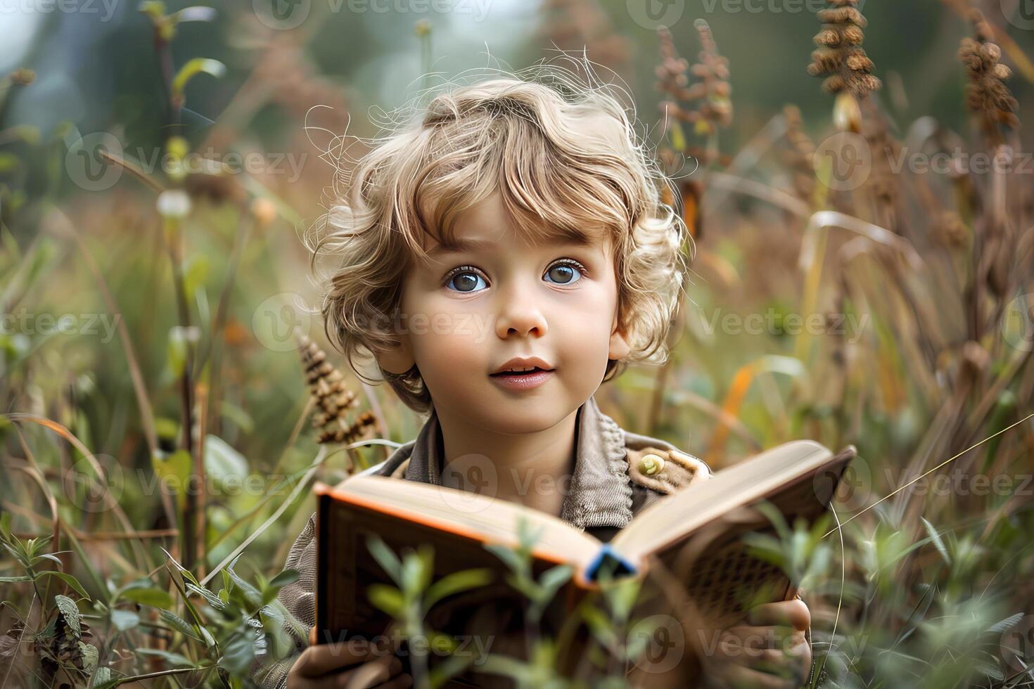 Curious little boy reading a book in nature and looking up photo