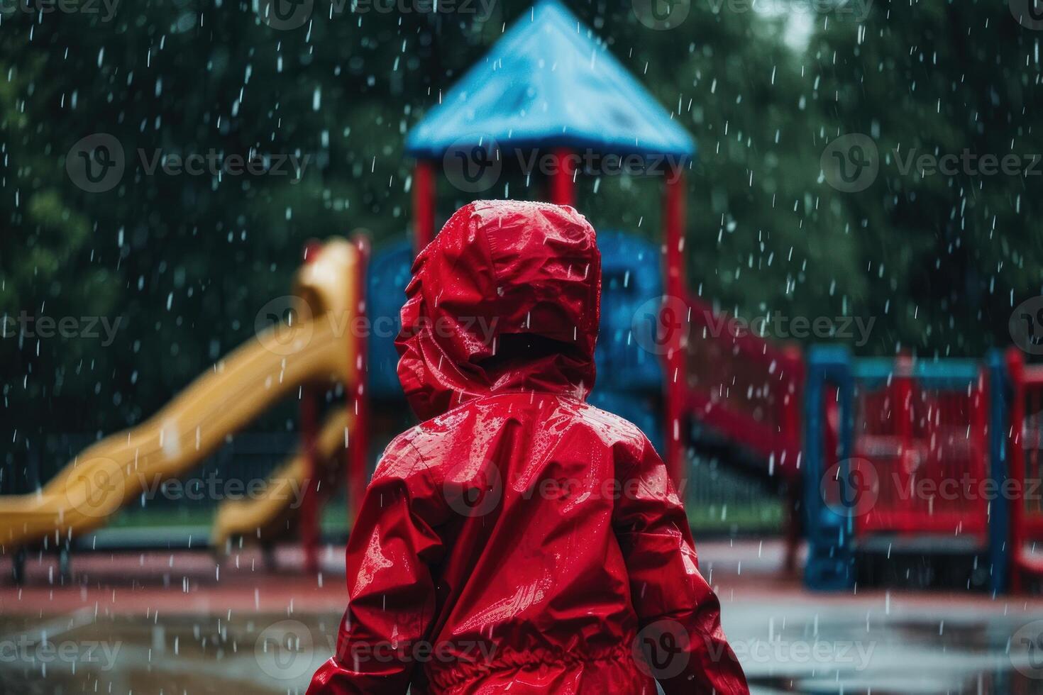 Child wearing red raincoat standing on empty playground in the rain photo