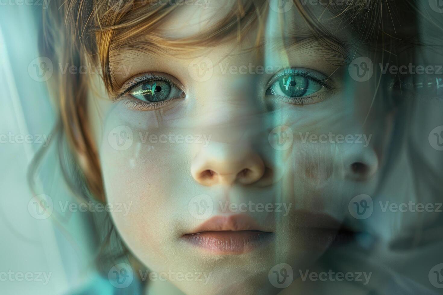 Little redhead child looking through window with sad eyes photo