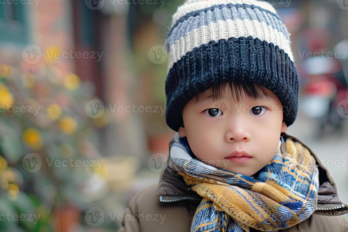 Young child wearing winter clothes standing outside photo