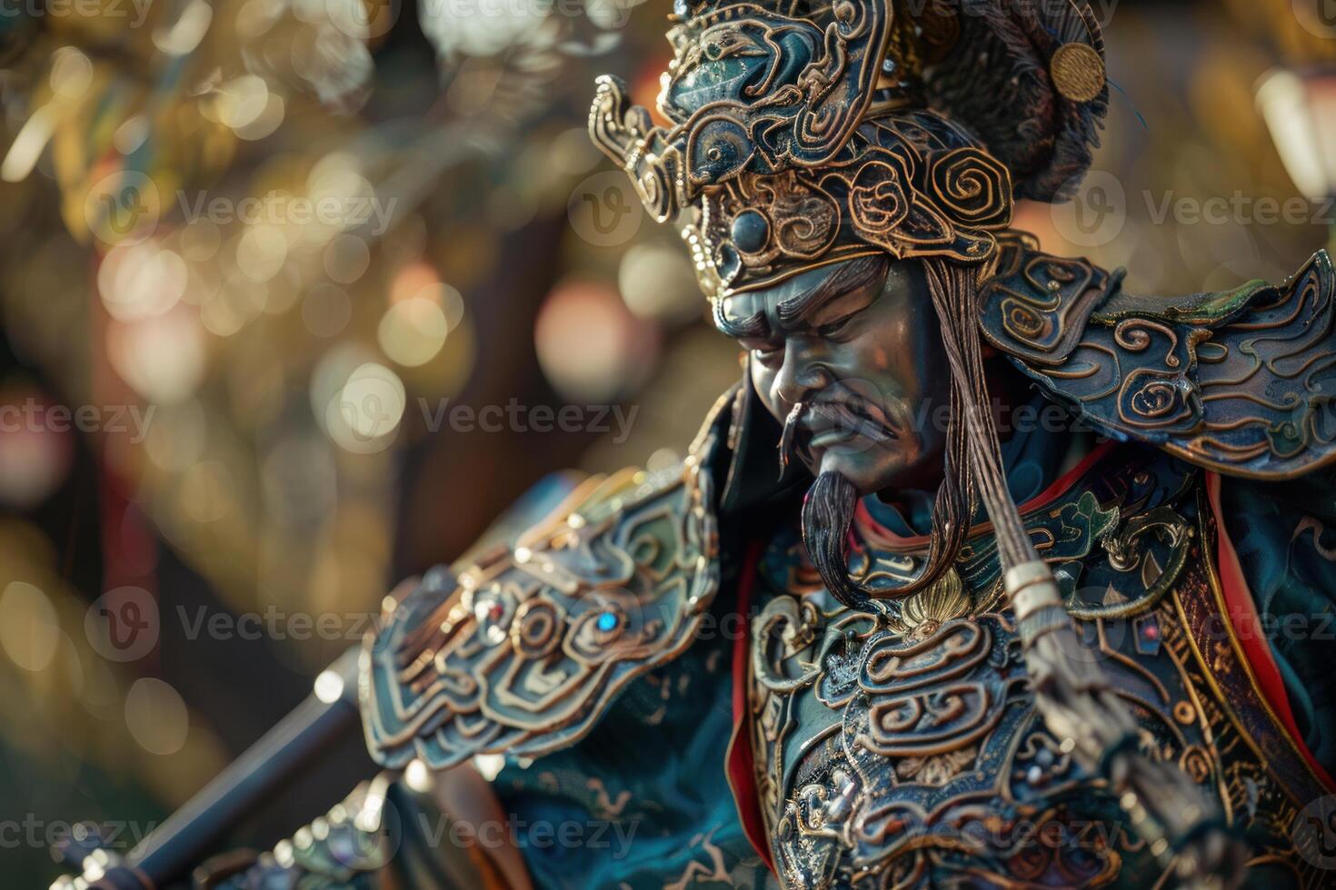 Chinese deity statue wearing elaborate gold and green armor photo