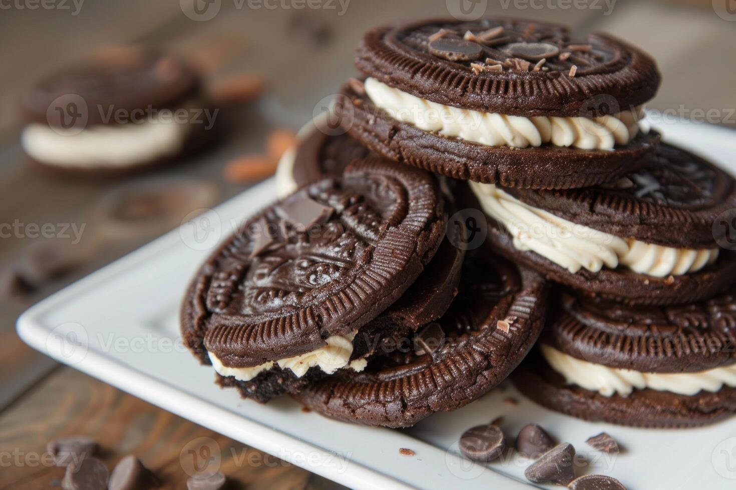 Delicious chocolate sandwich cookies with cream filling resting on white plate photo
