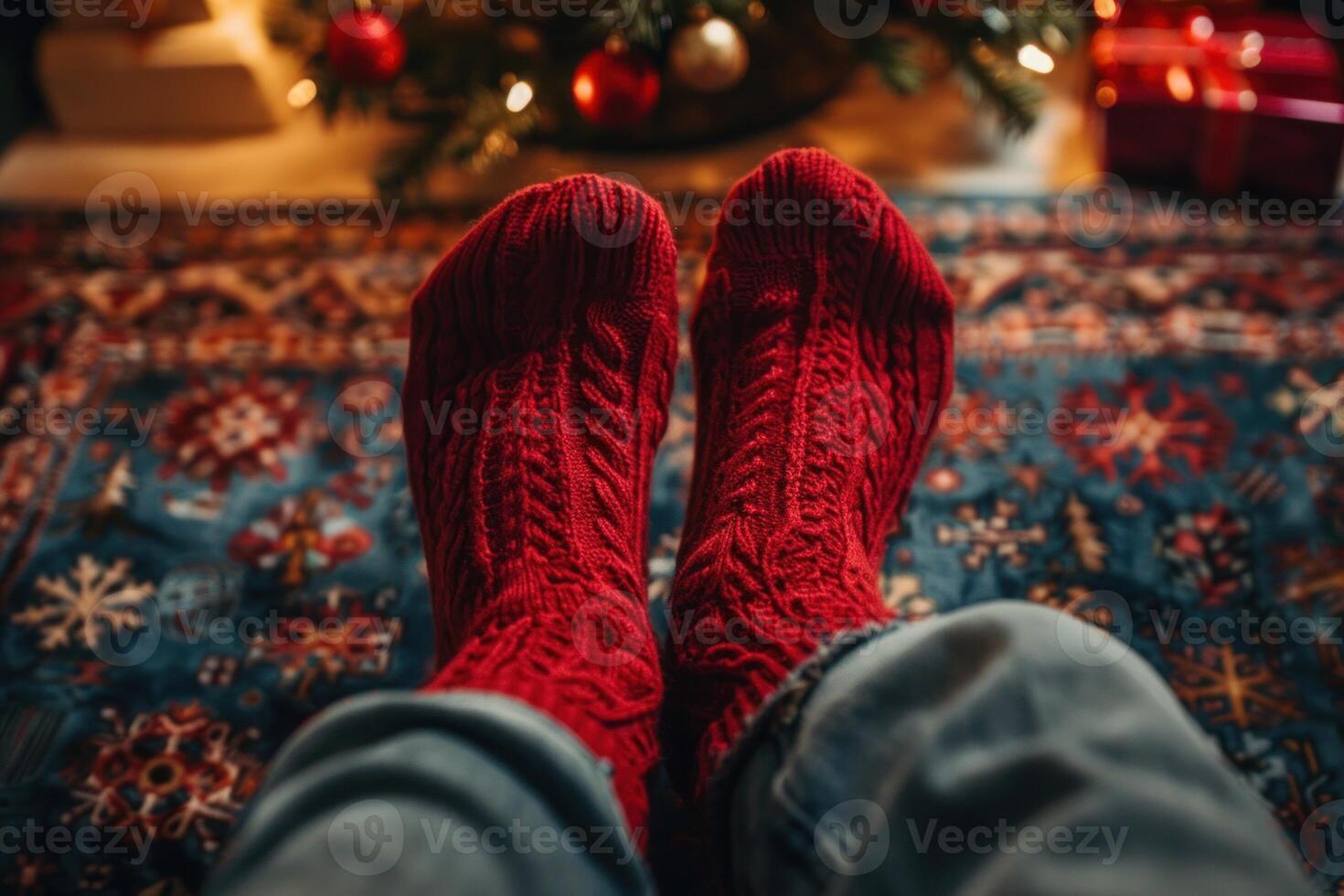 Woman wearing red knitted socks relaxing at home for christmas time photo