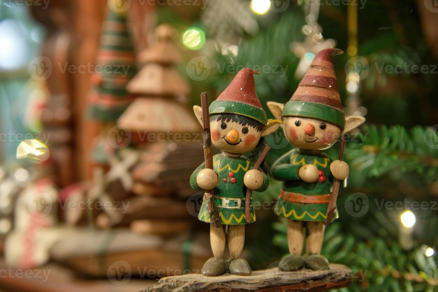 Two smiling wooden elf figurines holding sticks standing in front of decorated christmas tree photo