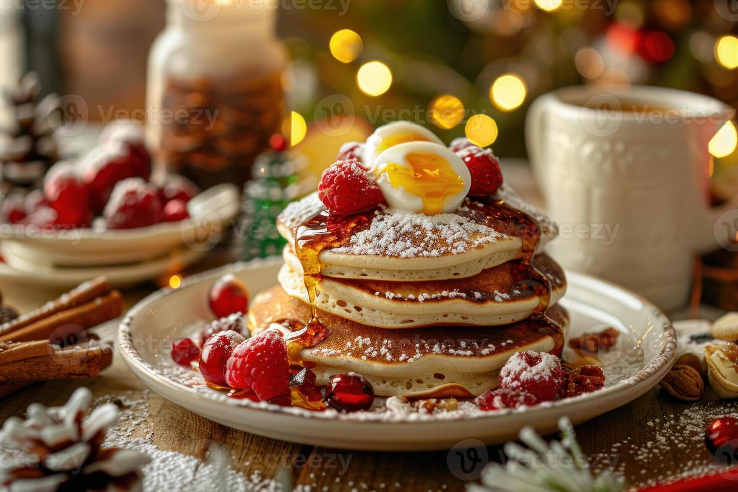 Delicious christmas pancakes drizzled with maple syrup and topped with raspberries and poached egg photo