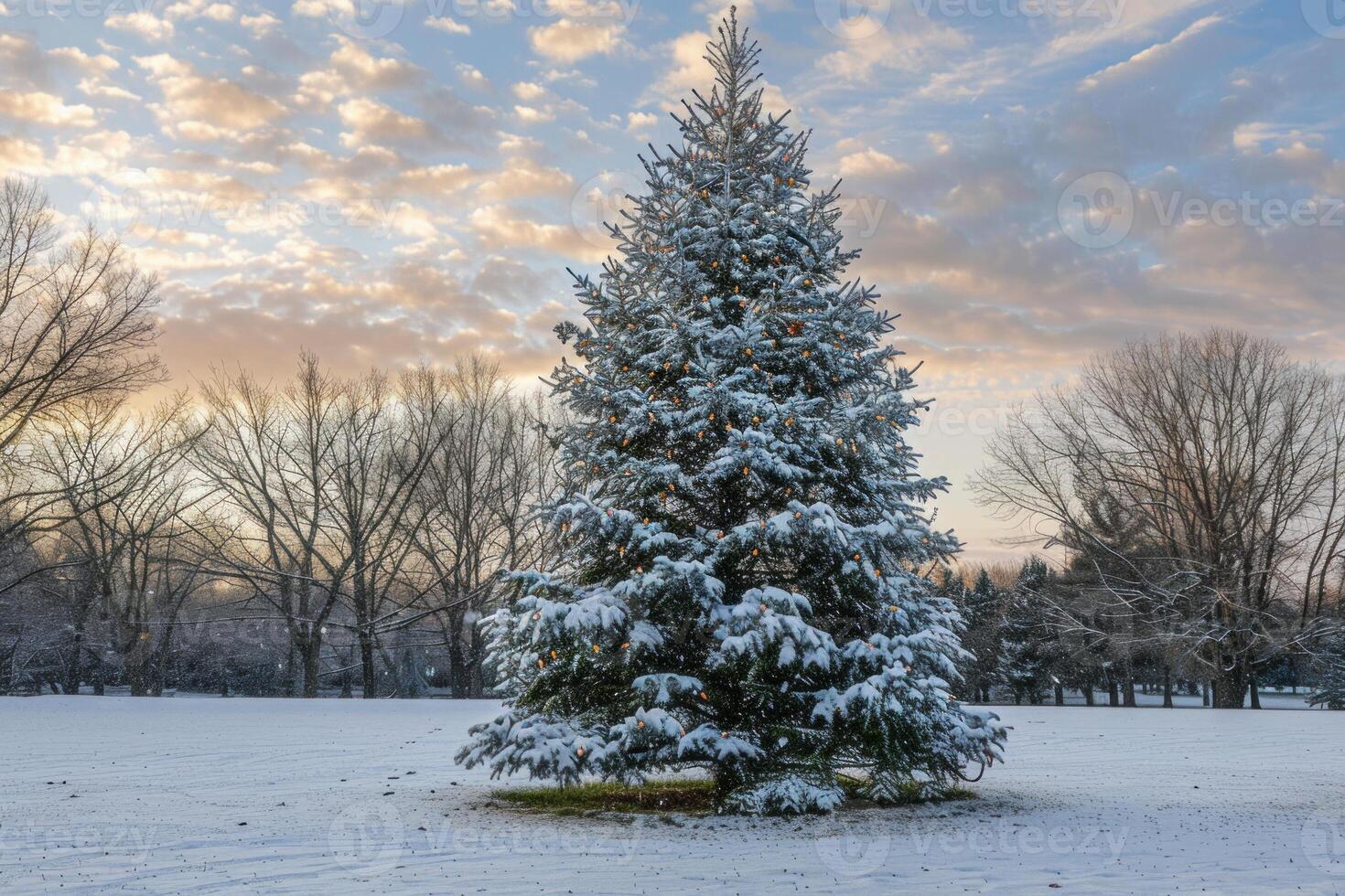 Large decorated christmas tree covered in snow standing in a snowy field at sunset photo