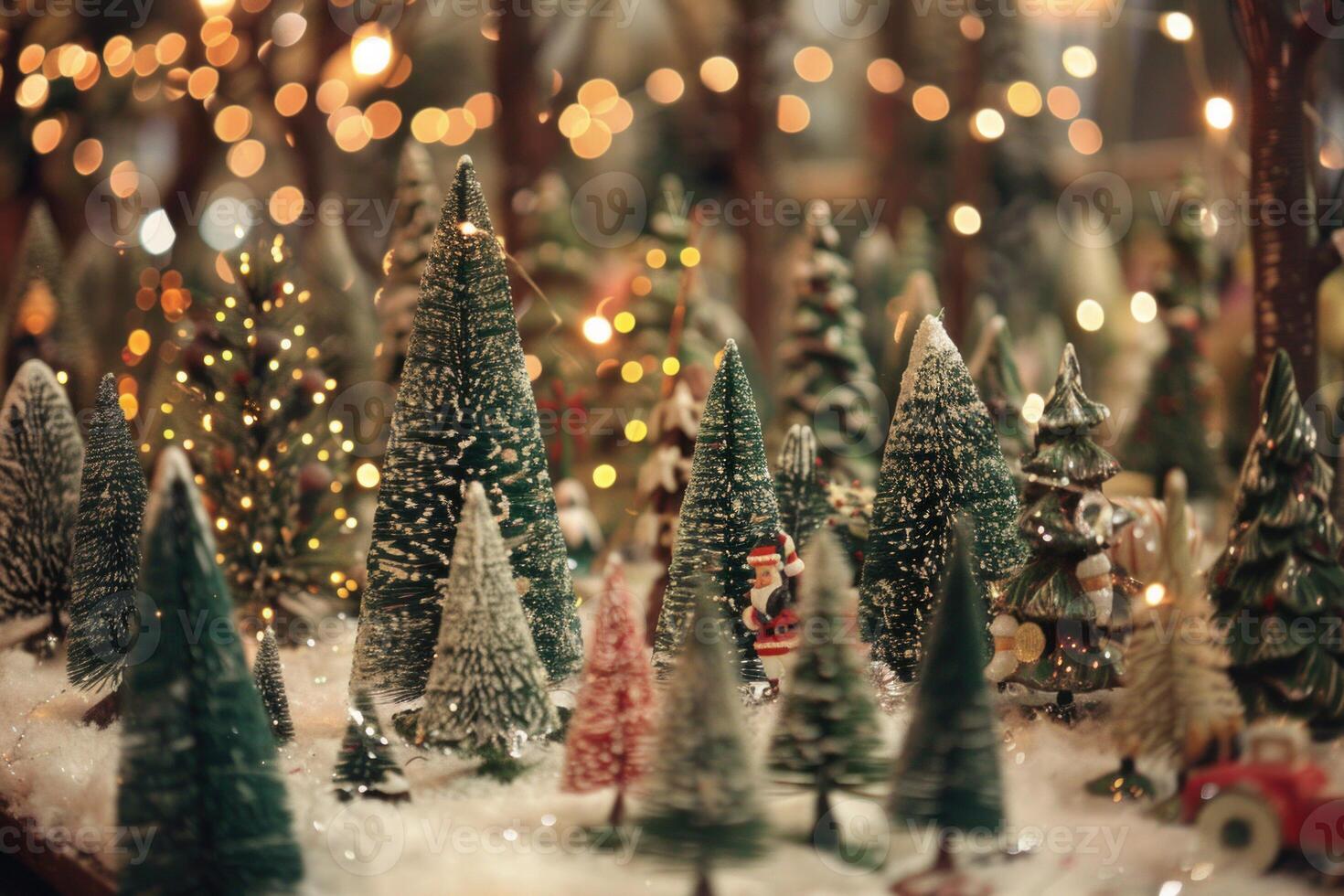 Miniature christmas trees creating a festive winter wonderland scene photo