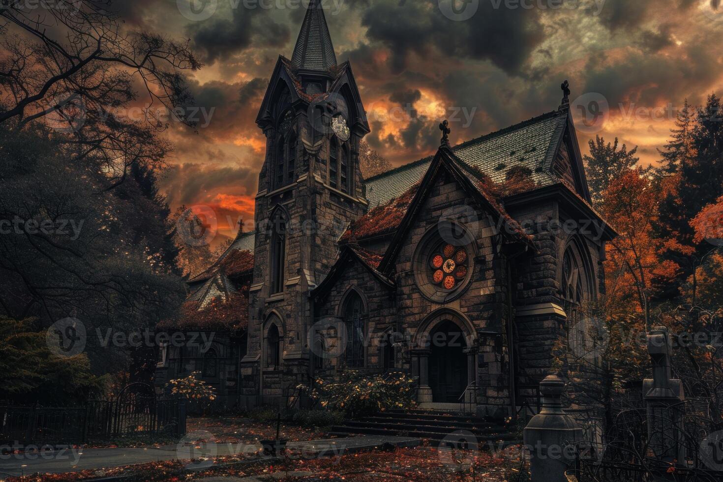 Ancient gothic church standing on a hill at sunset photo