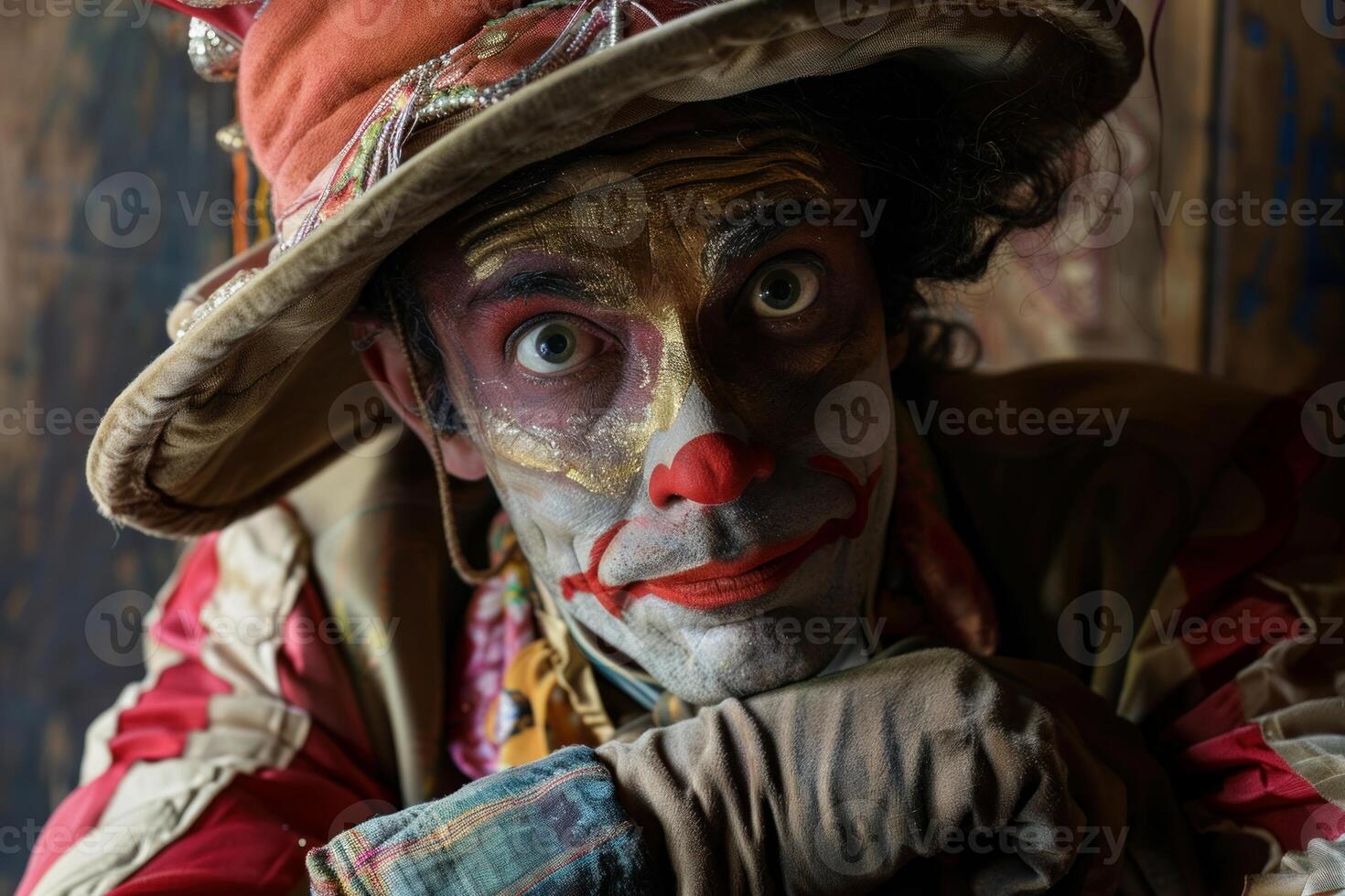 Scary clown with big hat leaning on his arms posing photo