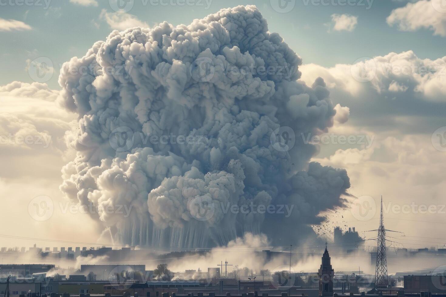 Huge explosion creating a large cloud of smoke over an industrial area photo