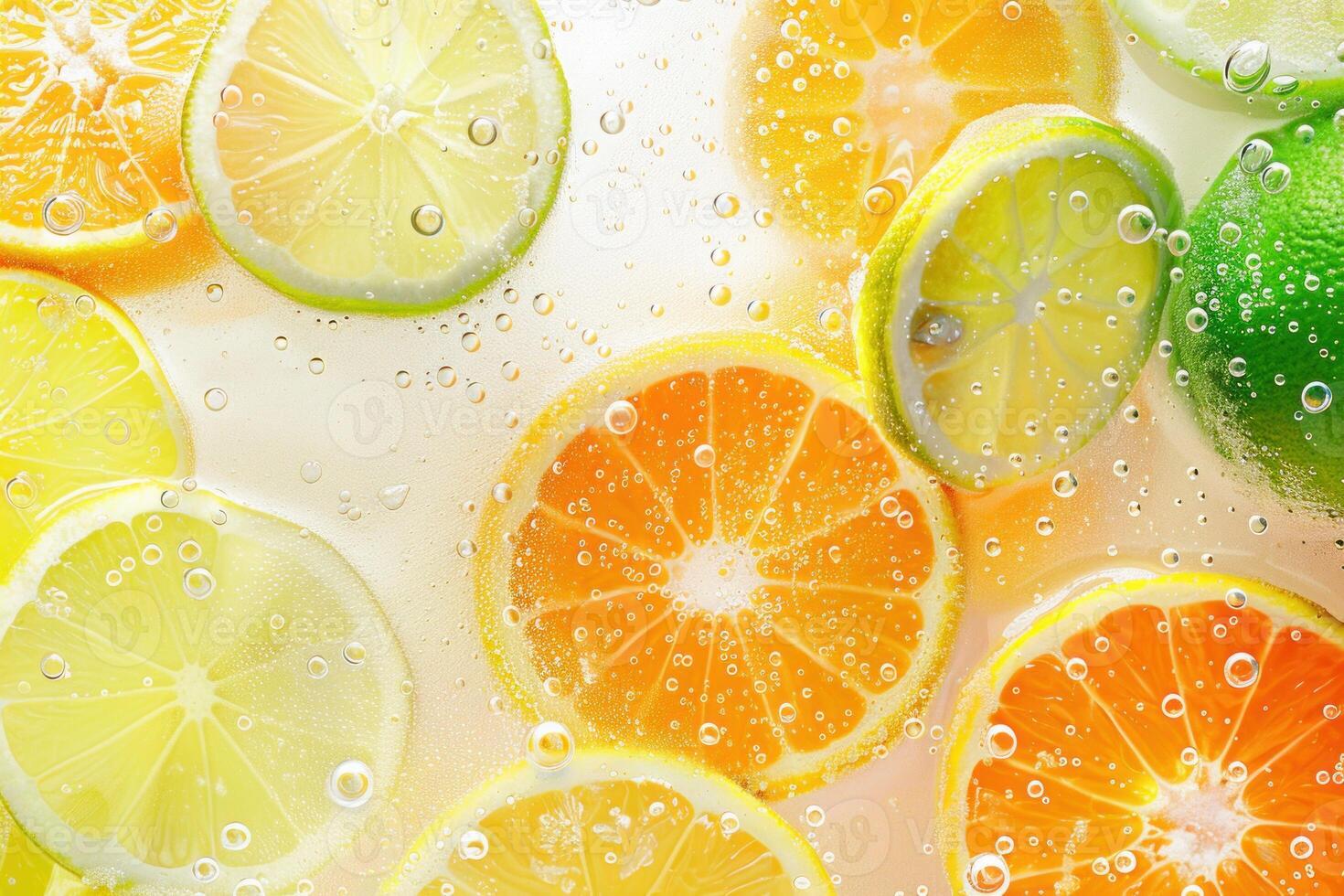 Slices of citrus fruit submerged in water with bubbles photo