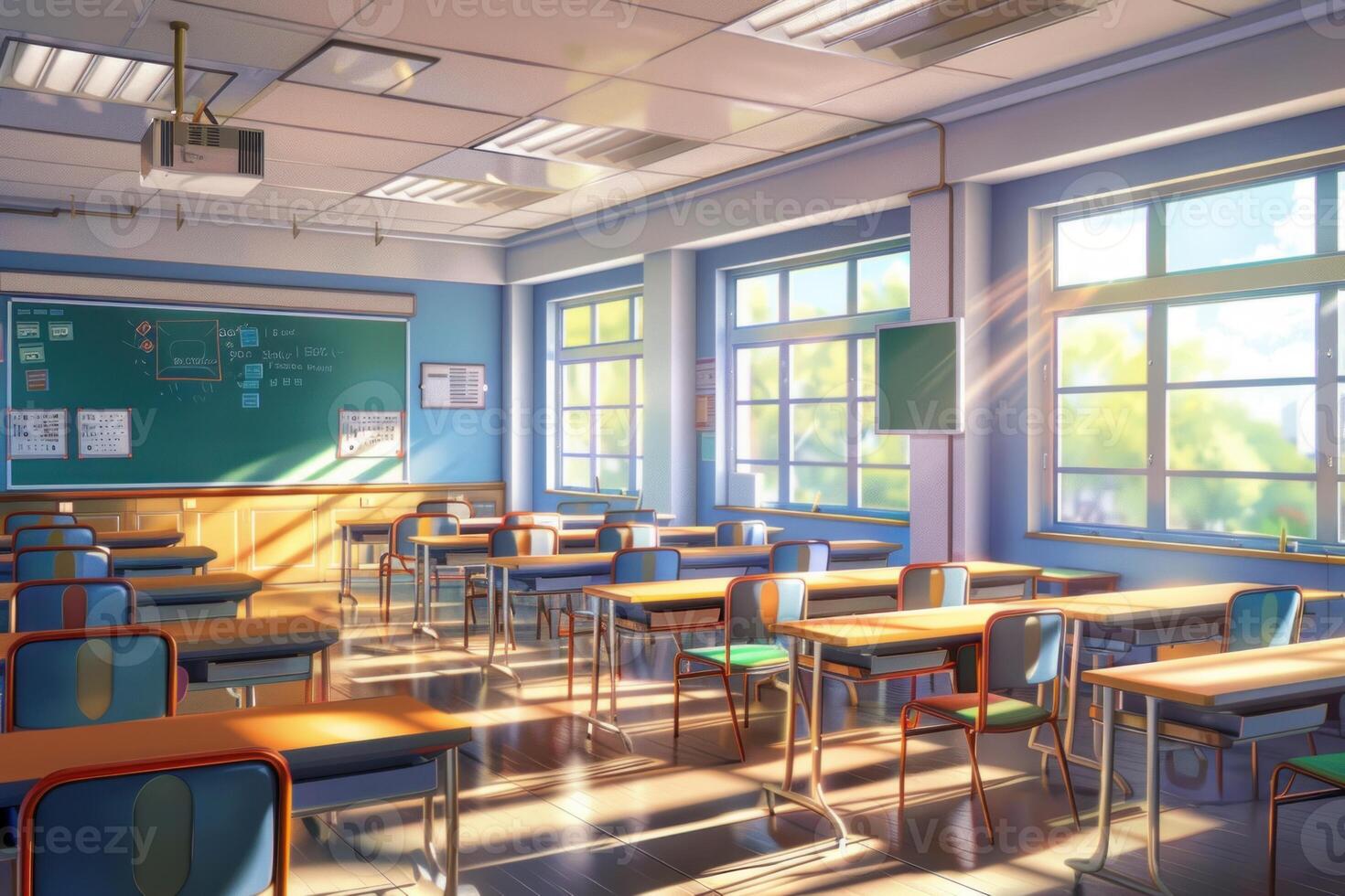 Sun shining through windows of empty classroom photo