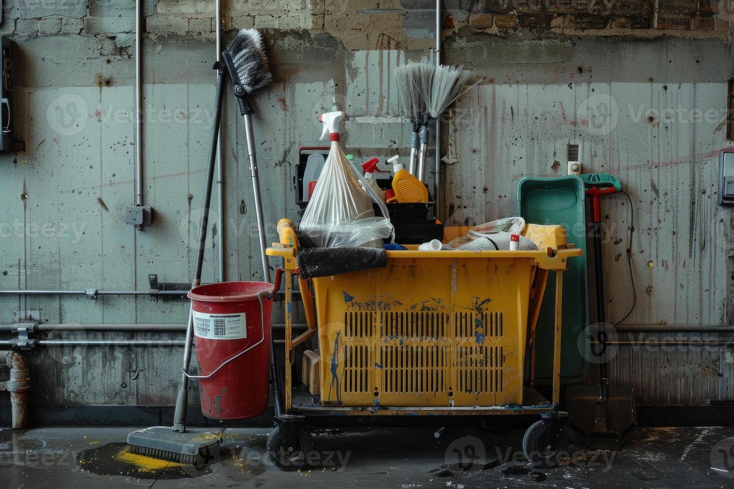 Cleaning cart full of cleaning supplies in front of a grungy wall photo
