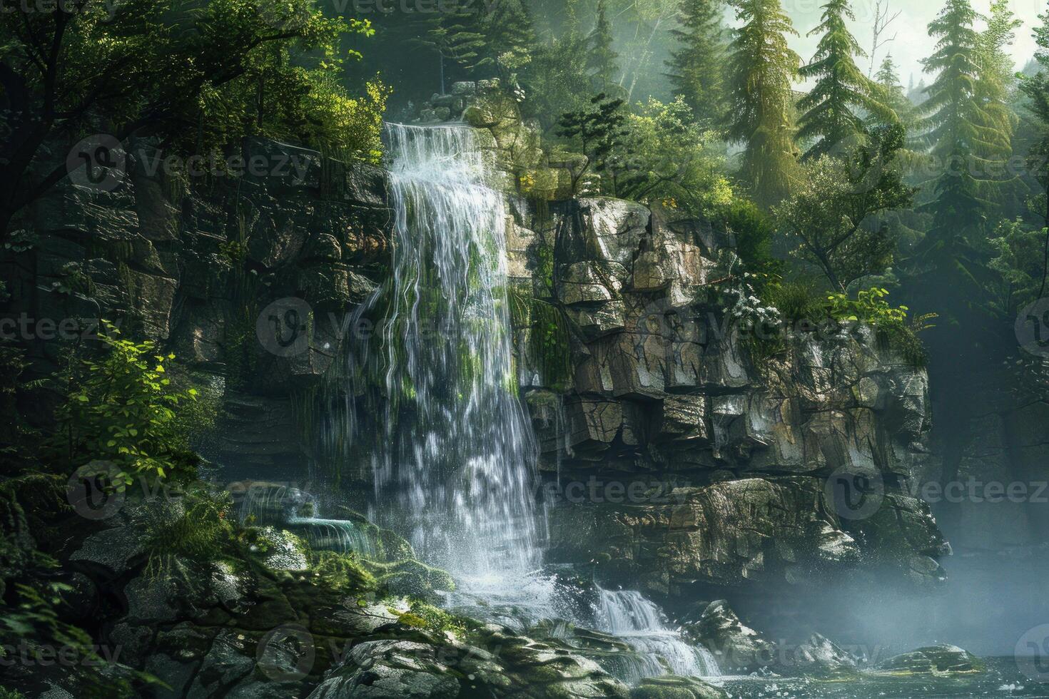 Waterfall cascading down rocky cliff in lush green forest photo