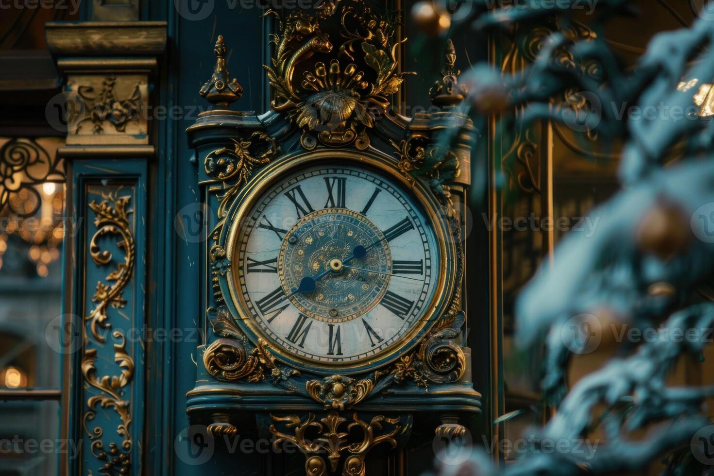Antique clock showing time passing by with roman numerals photo