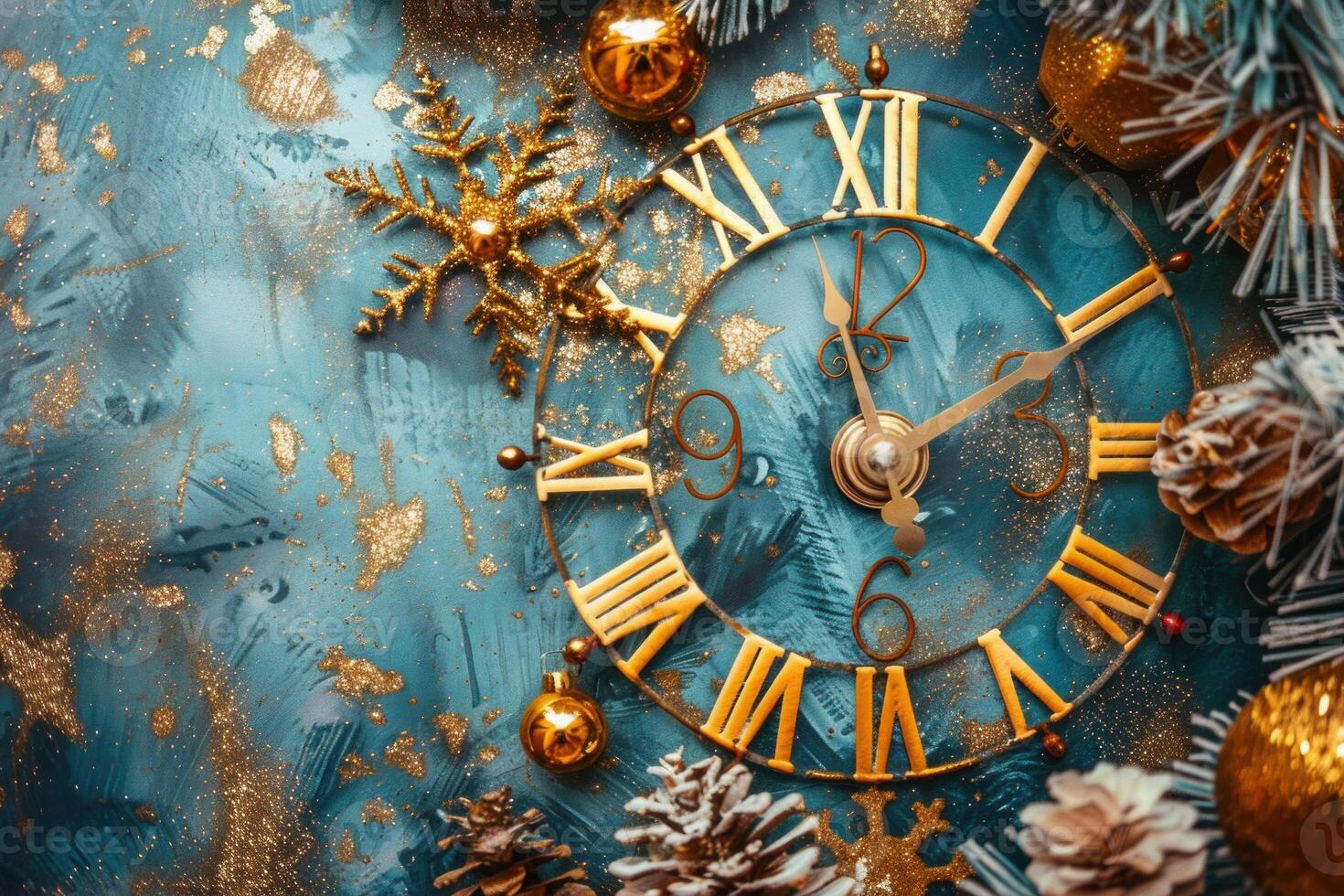 Clock is showing midnight approaching new year with golden festive decorations photo