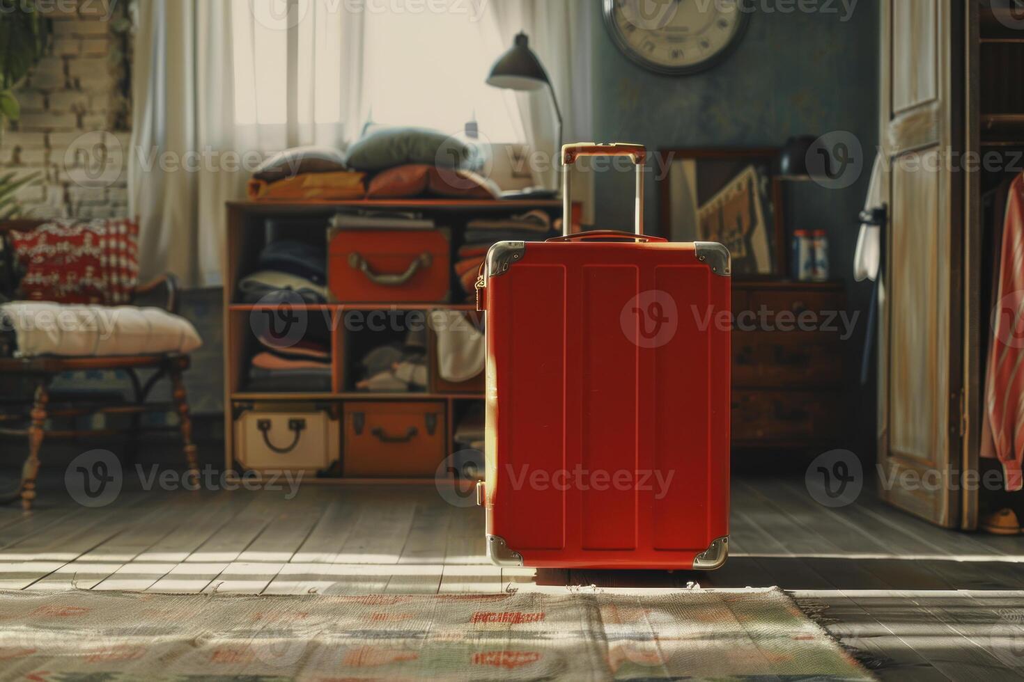 Red suitcase standing in cozy room ready for travel and new adventures photo