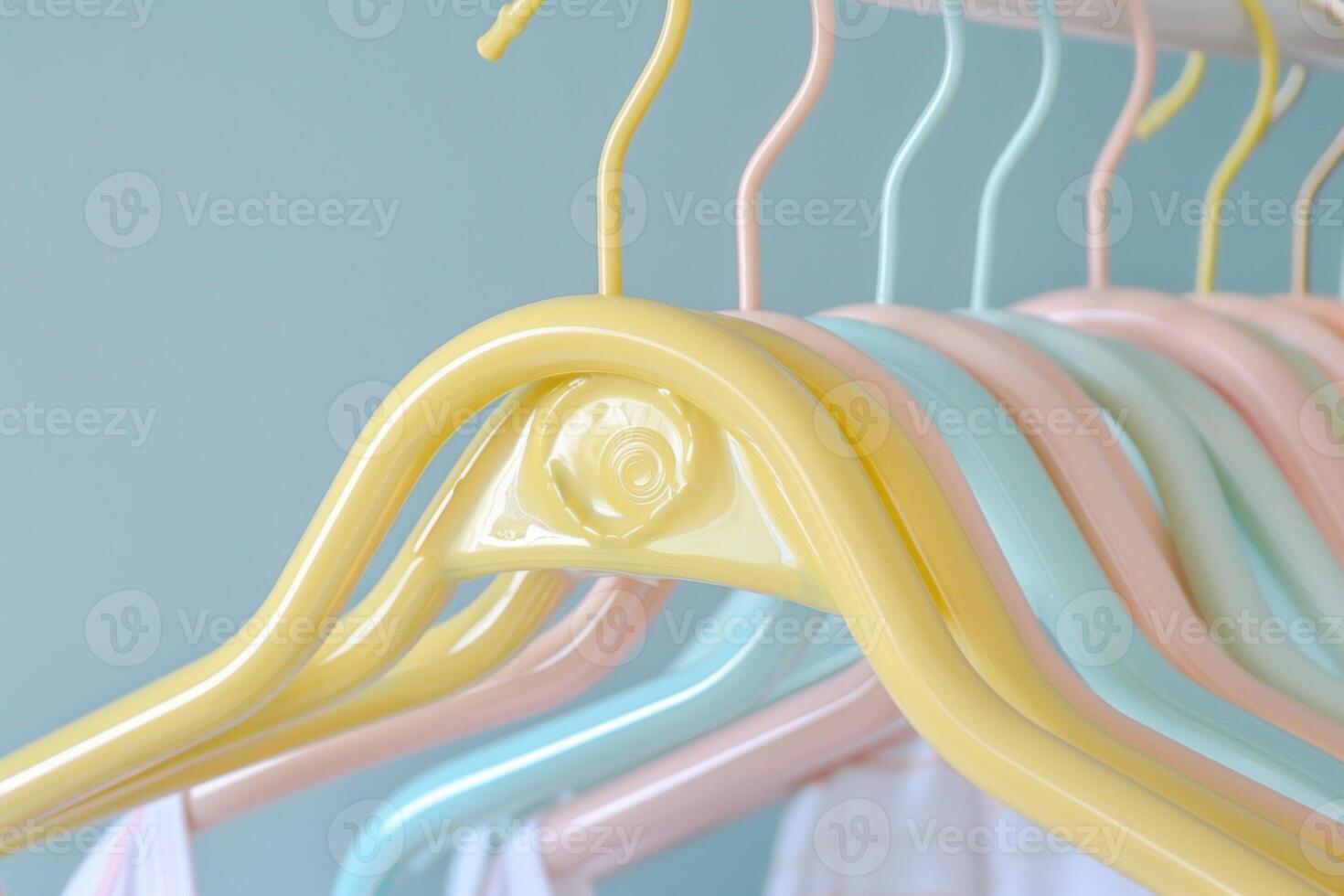 Close up of colorful empty plastic clothes hangers hanging on rack photo
