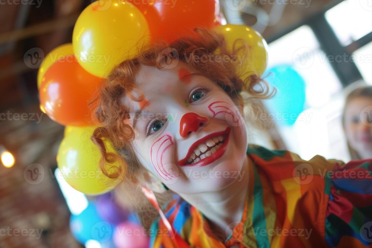 Little girl wearing clown makeup smiling at birthday party photo