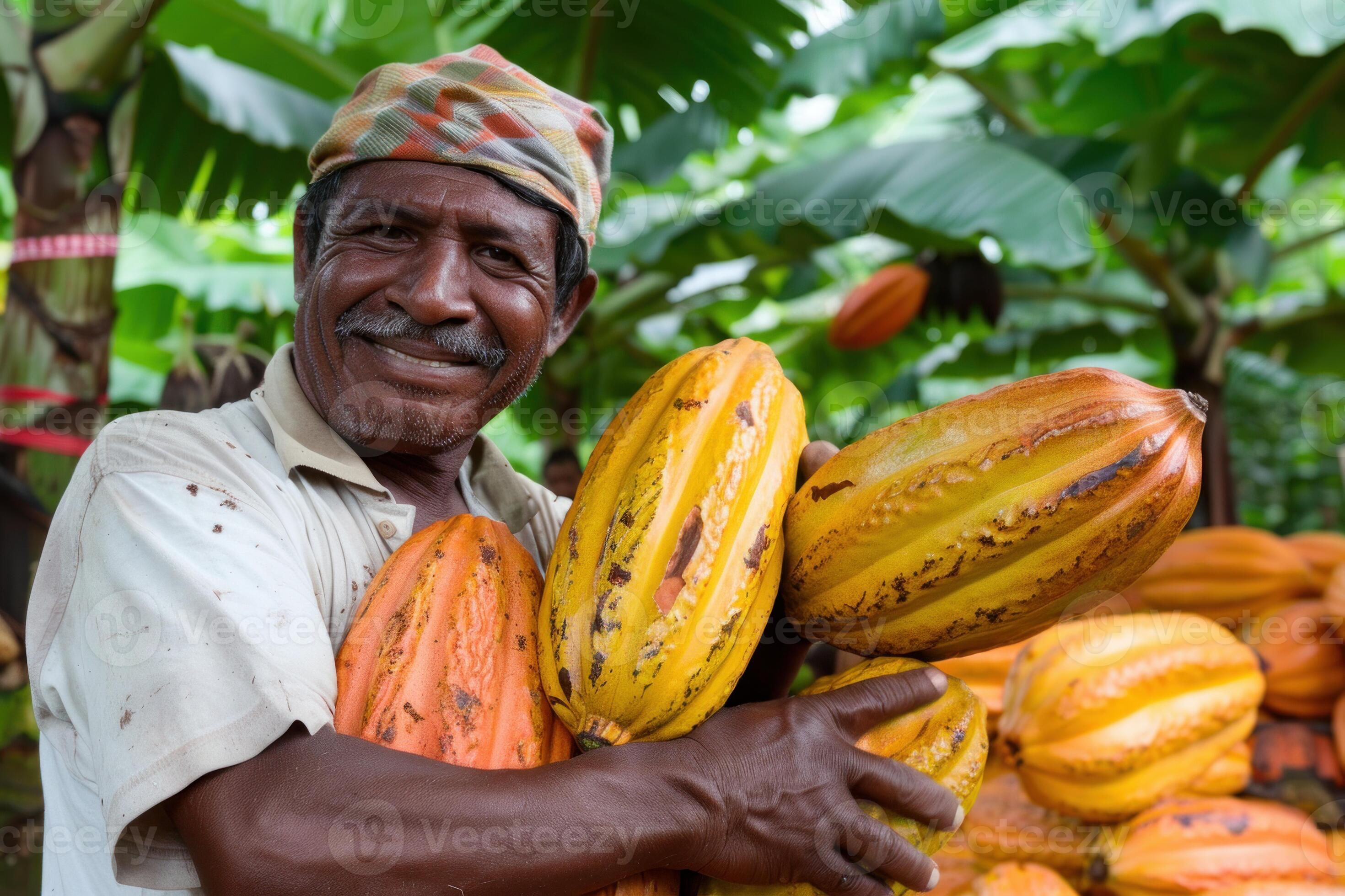 Latin farmer holding cacao fruit smiling at plantation 47909461 Stock